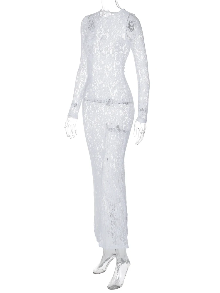 Hugcitar Floral Print Long Sleeve Sexy Bodycon Sheer See Through Maxi Dress 2023 Fall Women Fashion Streetwear Party Outfit Y2K