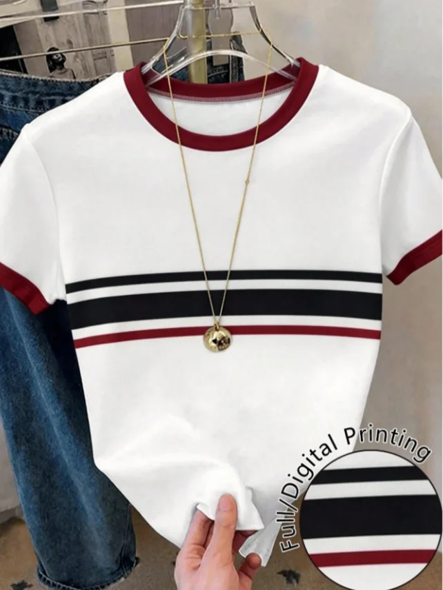2026 Women Contrast Ringer Striped Short Sleeve T‑Shirt,Round Neck Slim Fit Digital Print Tops,Back To School Casual Daily