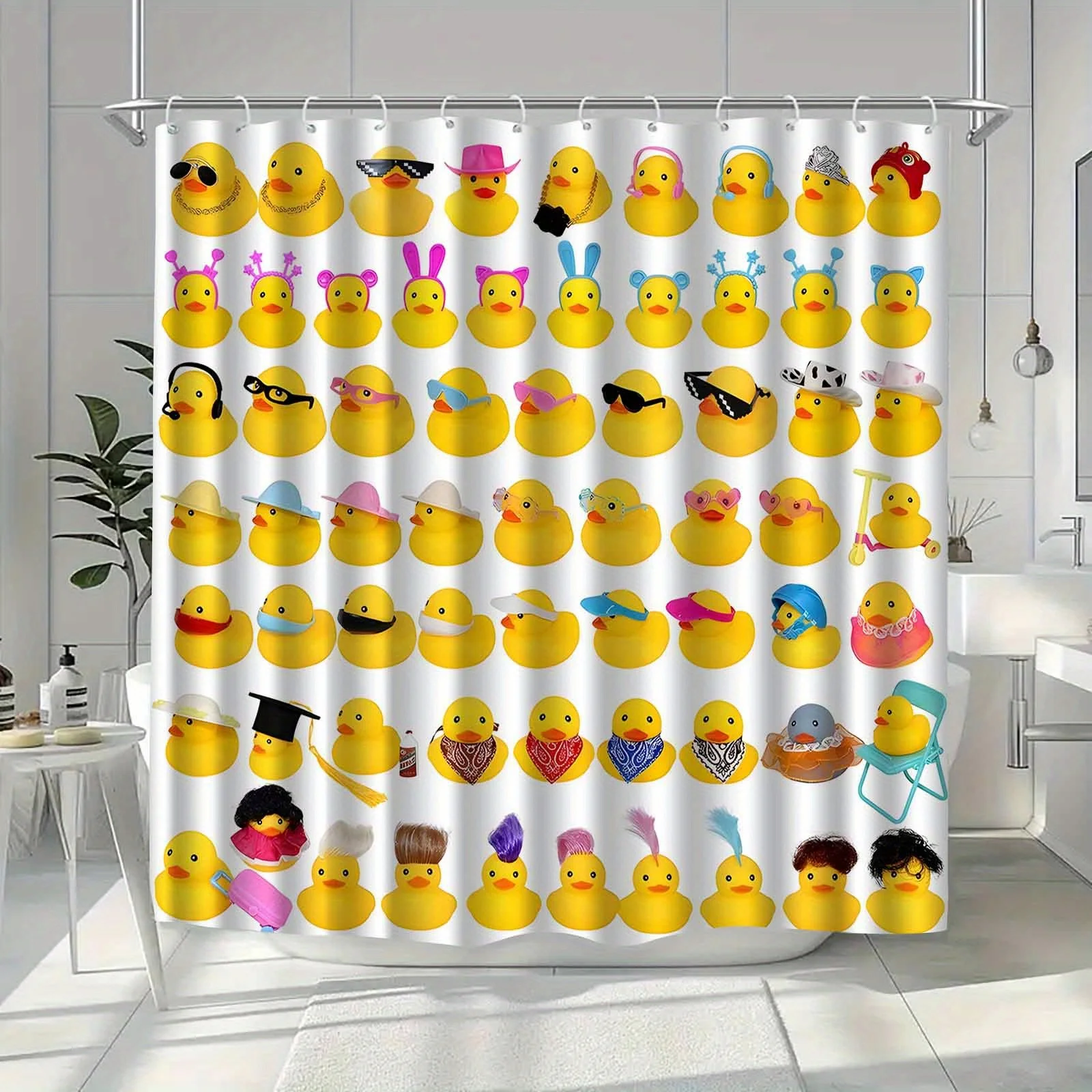 Lustiger Gummi-Enten-Duschvorhang, Weißer Hintergrund mit Mehrfach-Accessoires, Gelber Enten-Druck, Wasserdichter Badvorhang für Niedliche Kinderzimmer-Dekoration