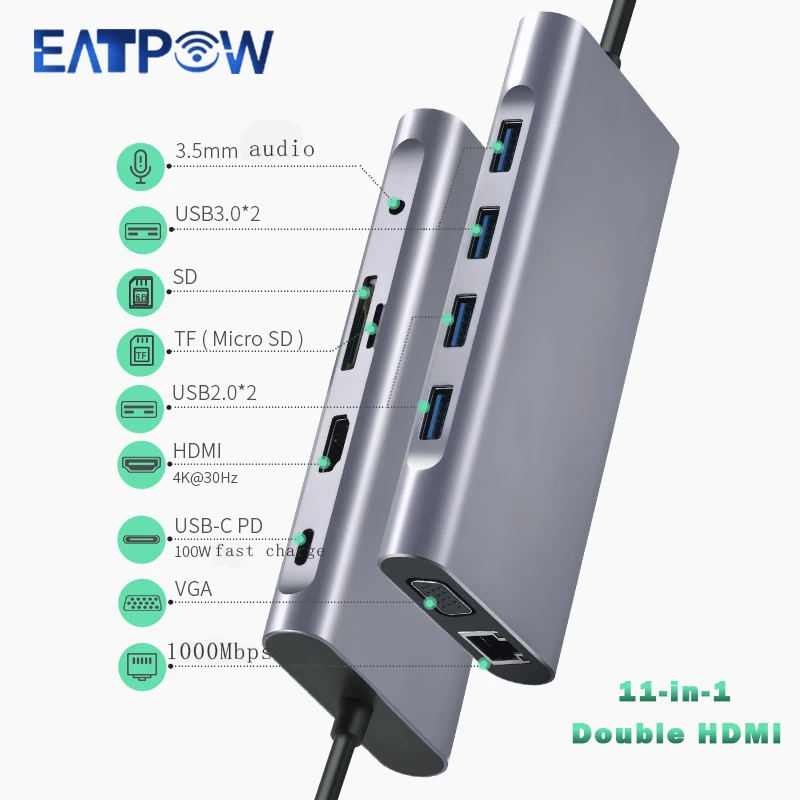 EATPOW  USB HUB To HDMI-compatation VGA PD RJ45 TF/SD Reader Adapter USB3.0 11 Splitter Port Type C HUB for Type C Port Laptop