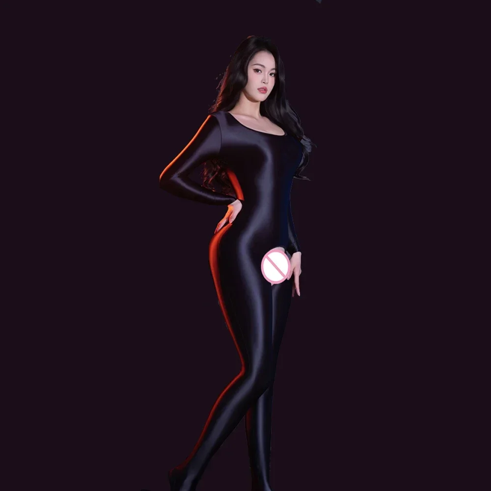 Women's Satin Shiny Nightclub Party Jumpsuit High Elastic Shaping Wear Open Crotch Full Bodysuit Woman Fashion Maid Leotard