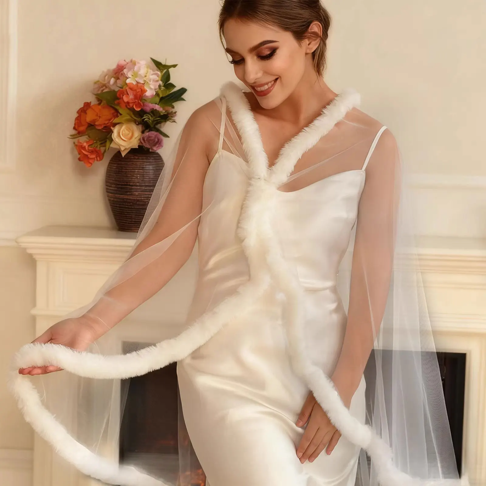 Mingli Tengda Off White Fur Shawl Women's Pin Fixed Breathable Bride Matching Formal Tulle Shawl Cape Wedding Accessories