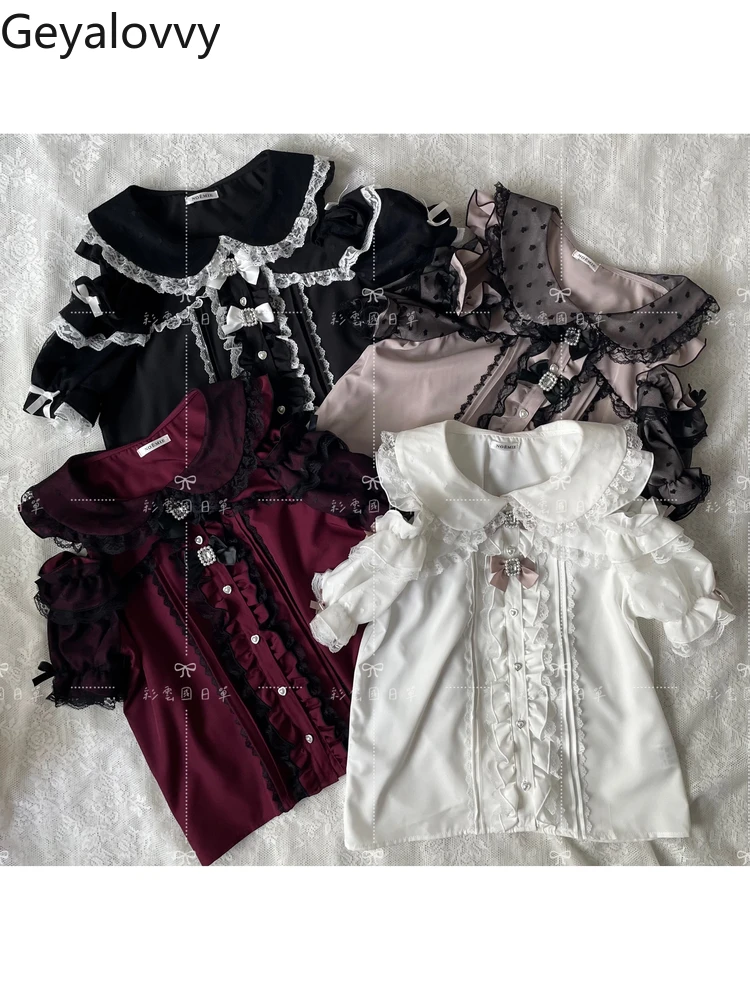 แขนสั้นใหม่สาวหวานอเนกประสงค์ TOP Japanese Mine Series Mass-ผลิตลูกไม้ Splicing Off-ไหล่ตุ๊กตาคอเสื้อ