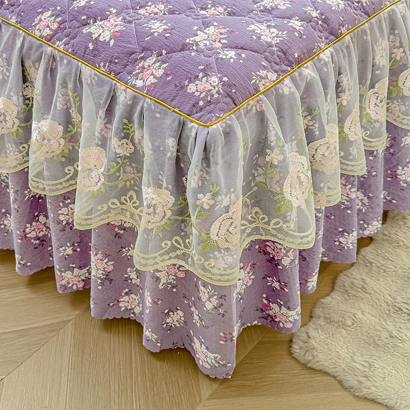 Lace Style Bed Skirt Flower Print Bedspread Single/Queen/King Size Bed Cover Thicken Bed Linen Jupe De Lit (No Pillowcase)