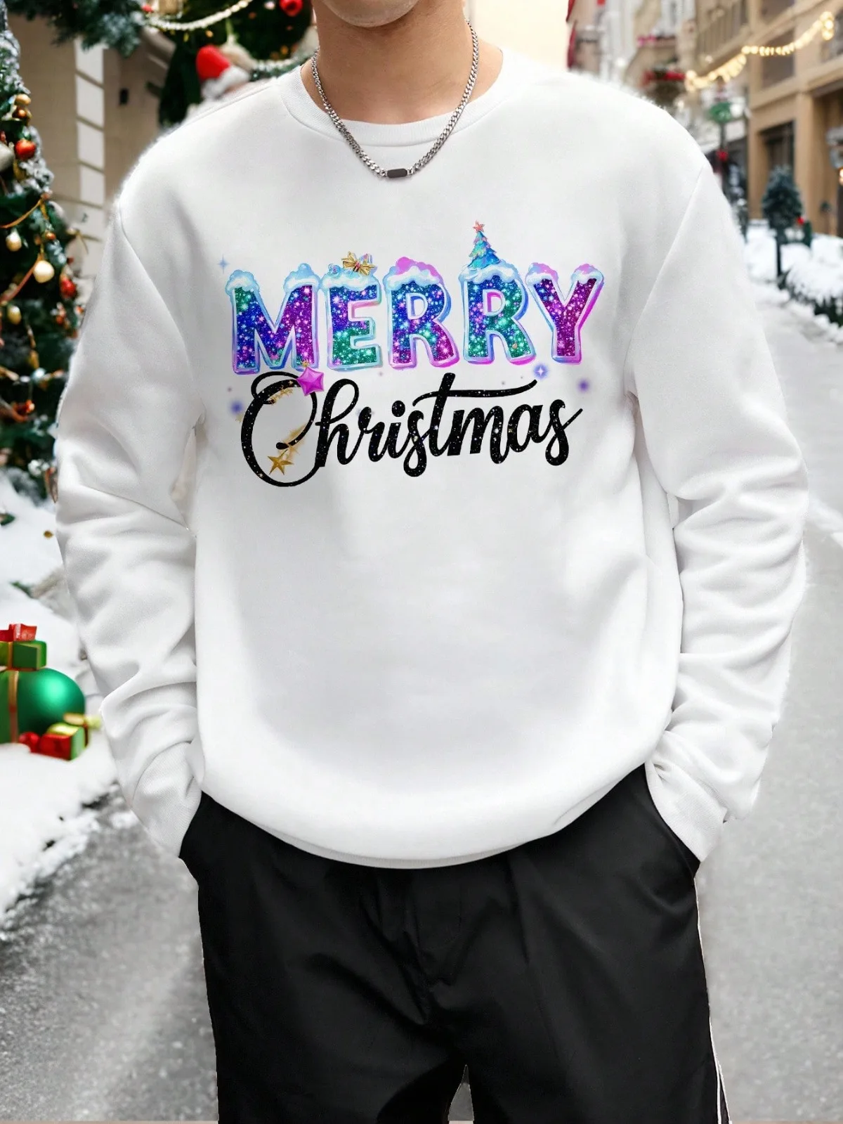 ملابس رجالية عصرية كاجوال لعيد الميلاد على شكل غزال مطبوعة فضفاضة بكتف منسدل ورقبة دائرية بلوفر من الصوف #5