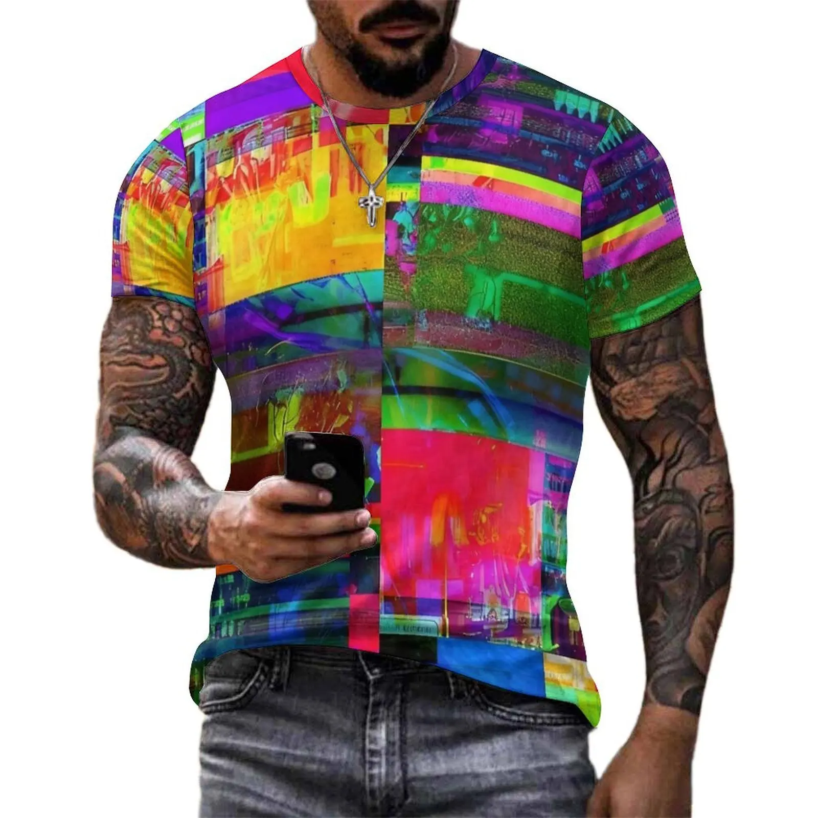 Color Glitch Block Print T Shirt Men  Basic T-Shirts Summer Fashion Tees Short Sleeve Custom Oversized Clothes