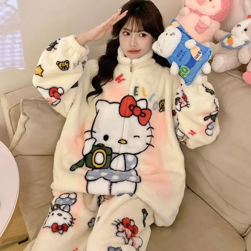 

Hello Kitty Kuromi Anime Kawaii MINISO Ins Coral Velvet Pajamas Autumn Winter Cute Cartoon Long Sleeve Coat Pants Set Gifts Toys