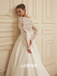 Newest 2025 Wedding Dress with Lace Top,  Satin A Line Long Bride Dresses, Customized, Plus Size Court Train Bridal Gown