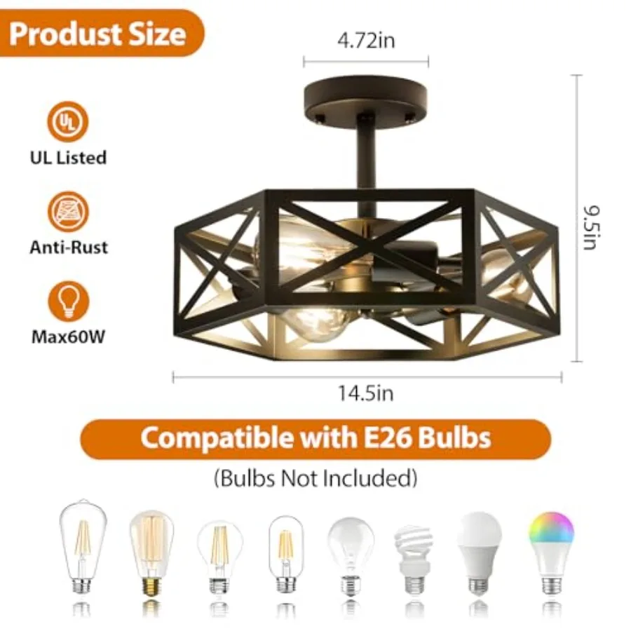 Modern Semi Flush Mount Ceiling Light, 3-Light Hexagon Flush Mount Ceiling Lights for Dining Room Light Fixture, Farmhouse Blac view 5