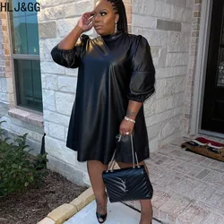 HLJ&GG Plus Size Spring Summer PU Leather Dress Women Half Sleeve Fashion Black Loose Straight Dresses 2024 New