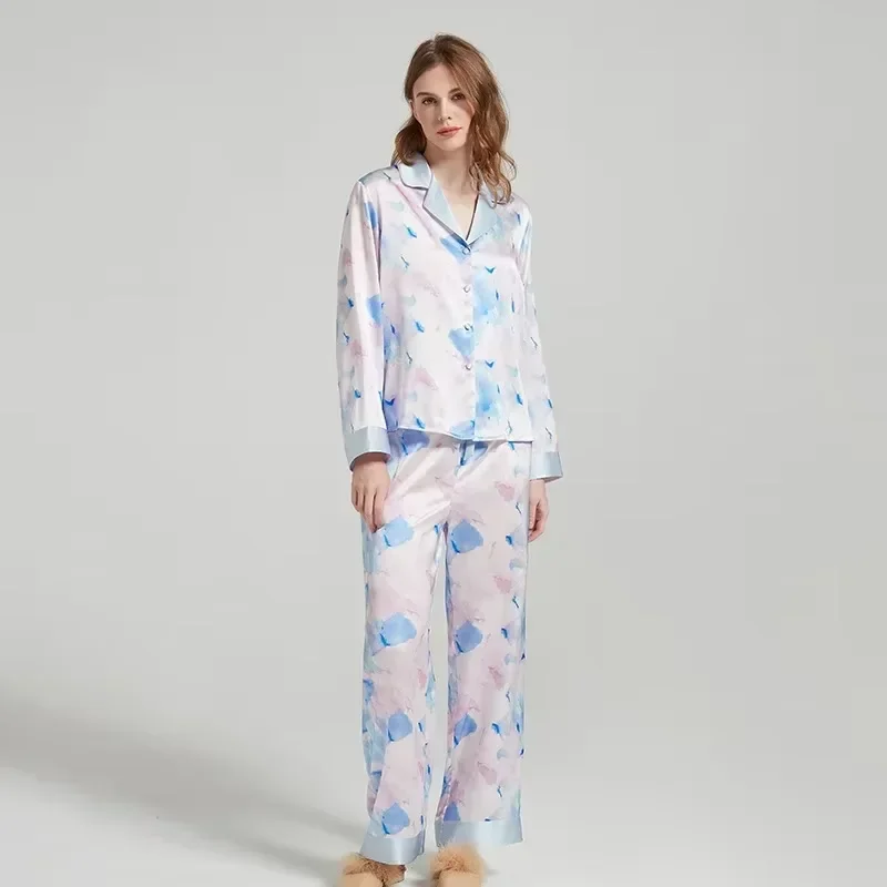 

19 Momme 100% Mulberry Silk Female 2-Piece Home Pajamas Set Spring and Autumn Long Sleeve Trousers Pyjamas Sleepwear Loungewear