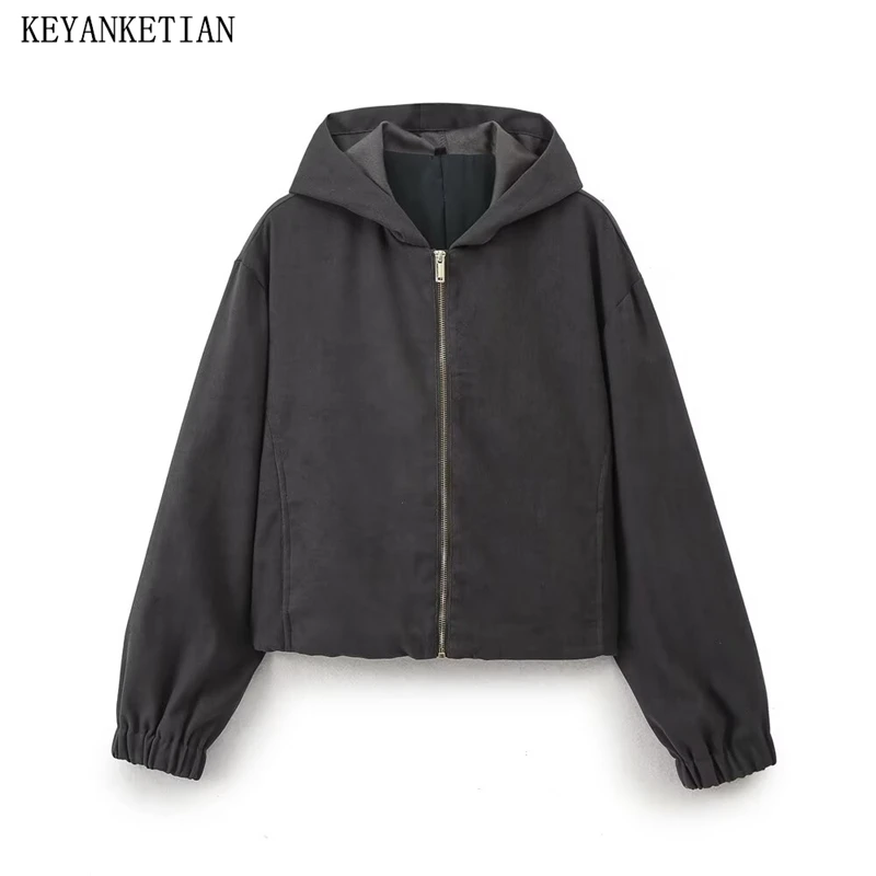 KEYANKETIAN-Chaqueta holgada con capucha para mujer, abrigo corto de color liso con decoración de cordón, estilo callejero, otoño e invierno, 2024