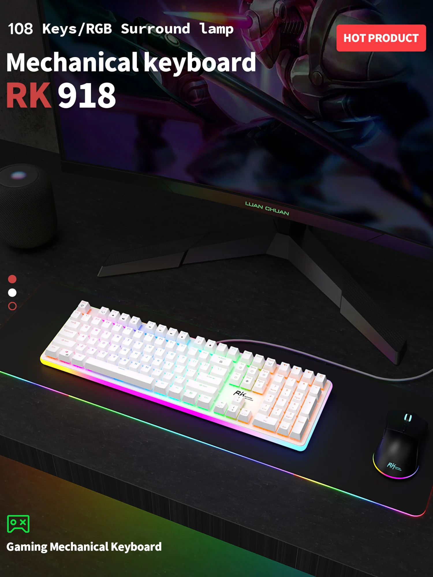 RK918 로얄 KLUDGE RGB 백라이트 유선 게임 기계 키보드 108 키 대형 LED Sorrounding 측면 램프와 안티 고 스팅