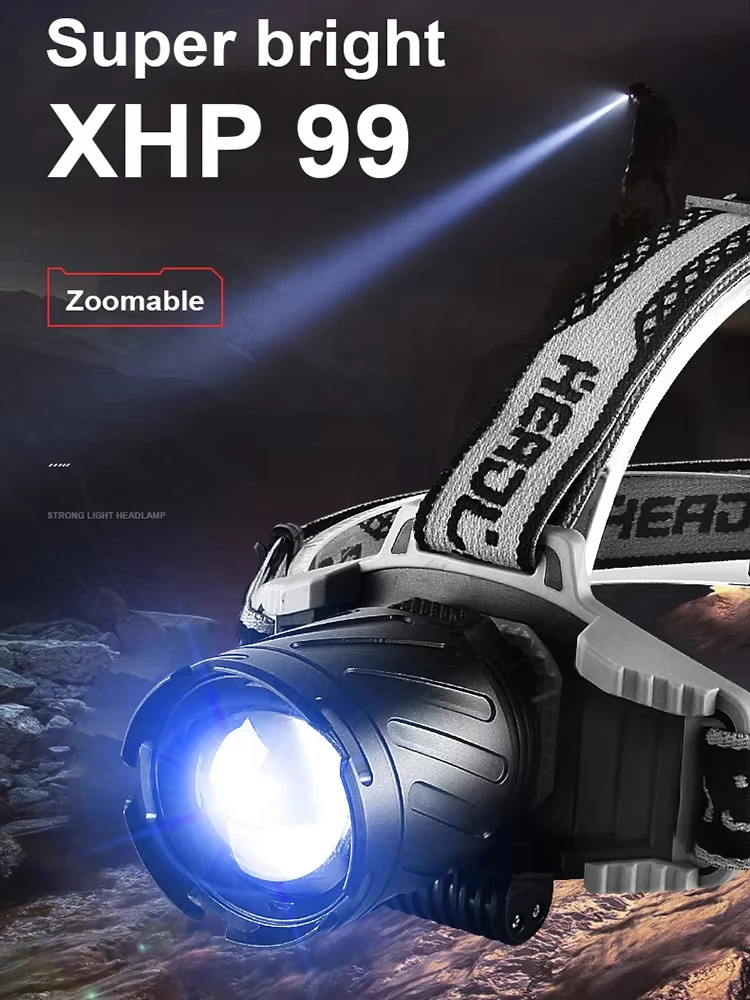 Z-TO 100000 Lumens Headlamp Rechargeable XHP99 Bright Head Lamps Outdoor 4 Modes 270° Adjustable Zoomable LED Headlight