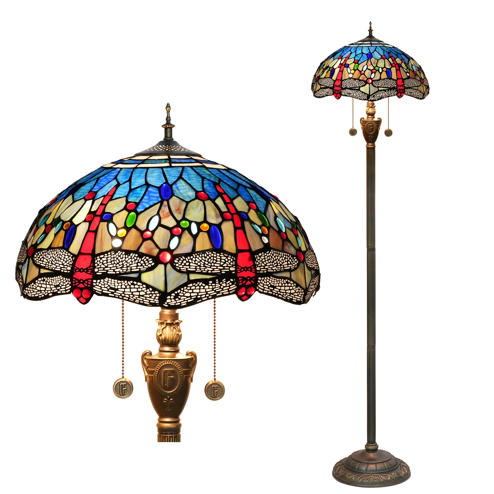 Диаметр 40 см, синяя стрекоза, художественный витраж, абажур, бар, паяльник, гостиная, столовая, спальня, торшер Тиффани