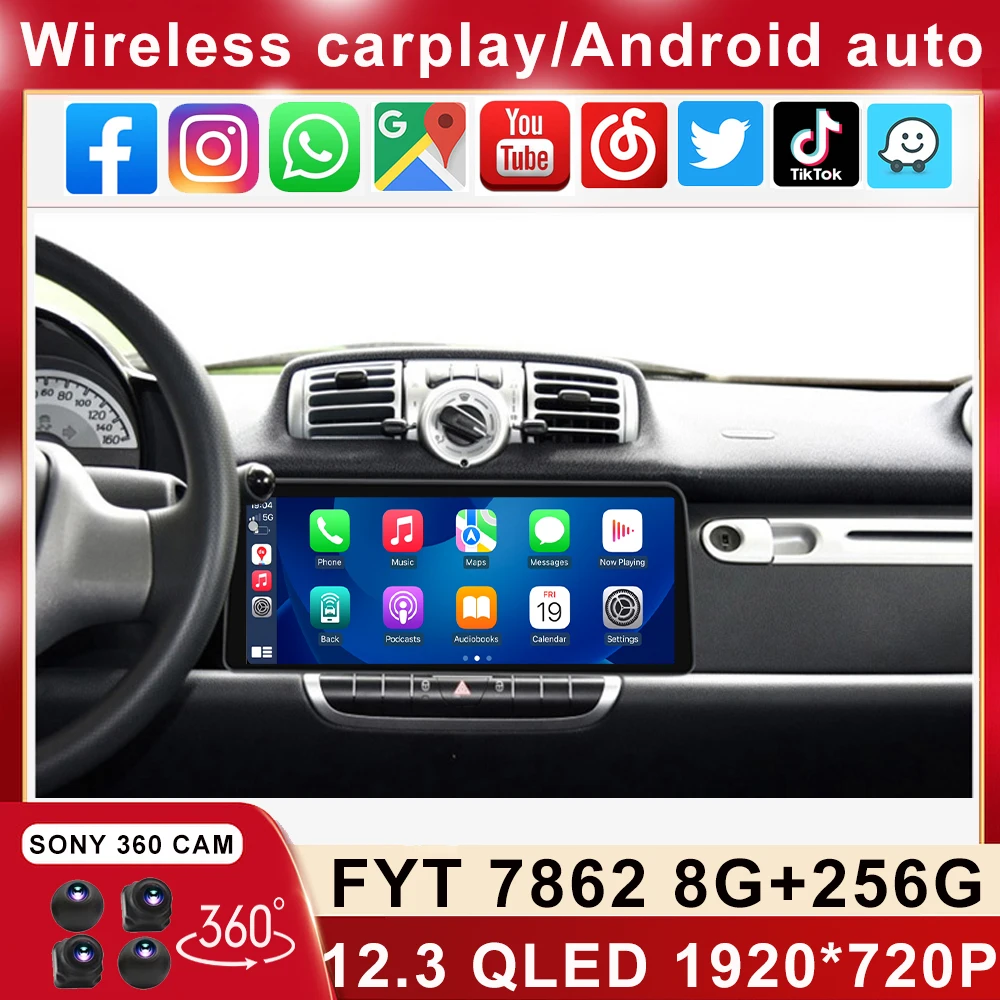 

12.3“ 1920*720 QLED For Mercedes/Benz Smart Fortwo 2011 2012 2013 2014 2015 Android Car Stereo Multimedia Video Player Carplay