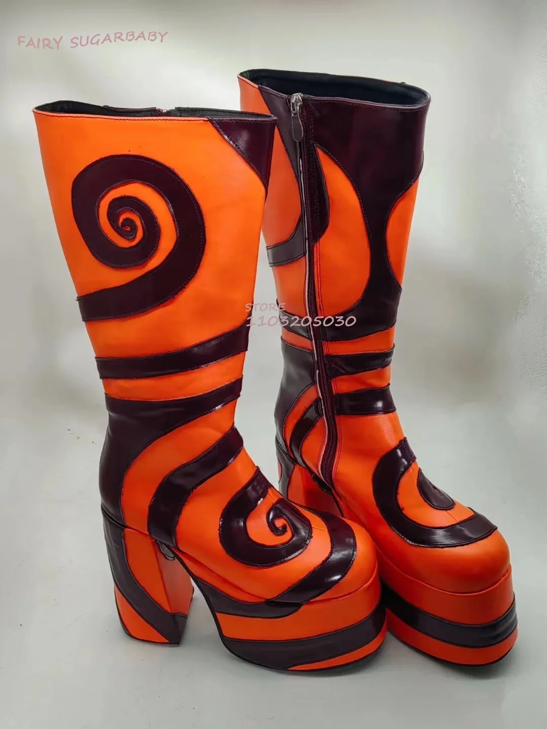 Orange Wavy Round Graffiti Tight Boots Women Platform Colored Leather Knee Red Patchwork Chunky Heel Garden Girl Shoes Spring