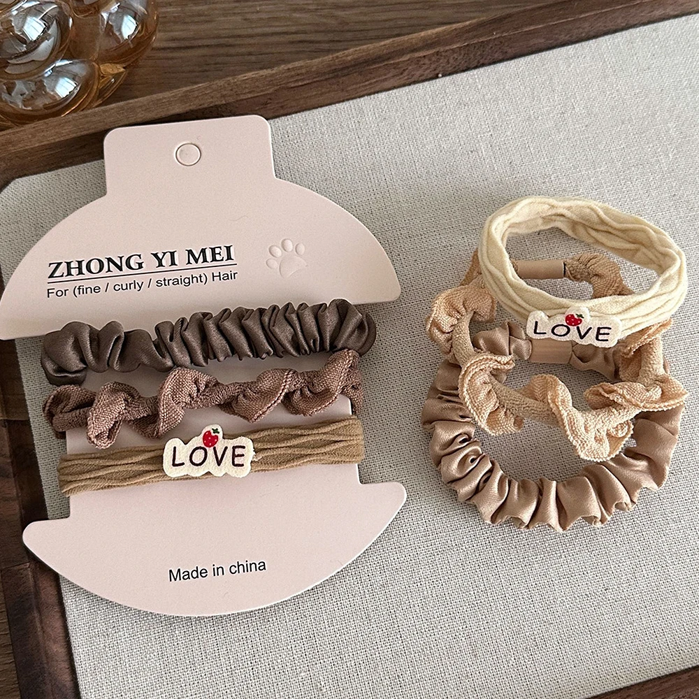 3pcs Coffee Color Love Letter Hair Ties Set No Damage Elastic Soft Seamless Scrunchies For Womens Gril Thick Hair Daily Headwear