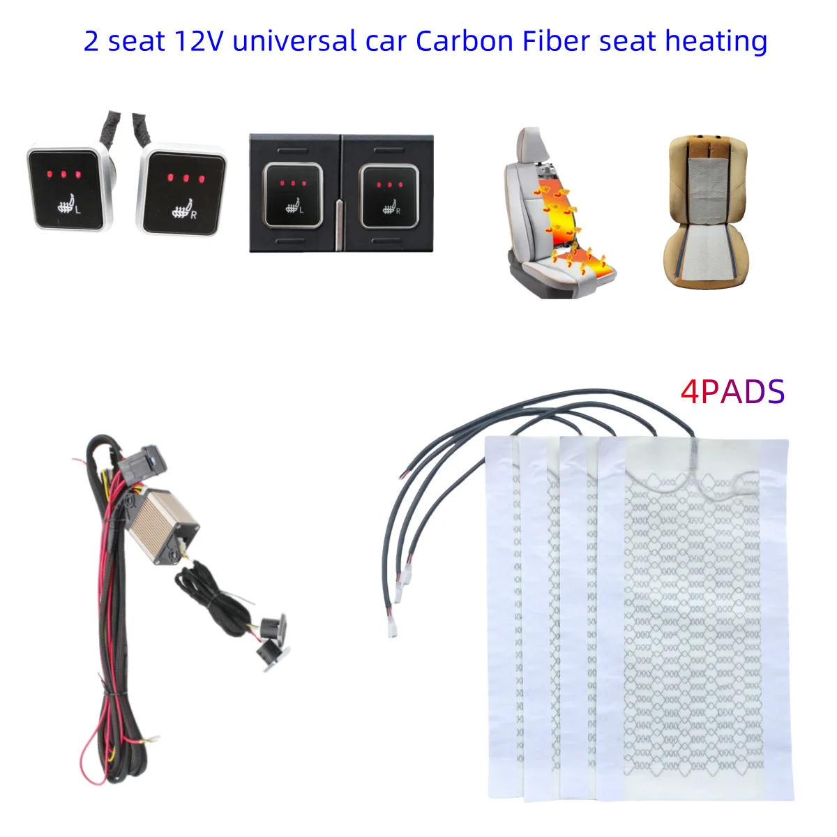 Car Seat Heater Universal 12V Carbon Fiber Heat Pads 3 Levels Dual Square Control Switch With Harness As Winter Warmer Cover