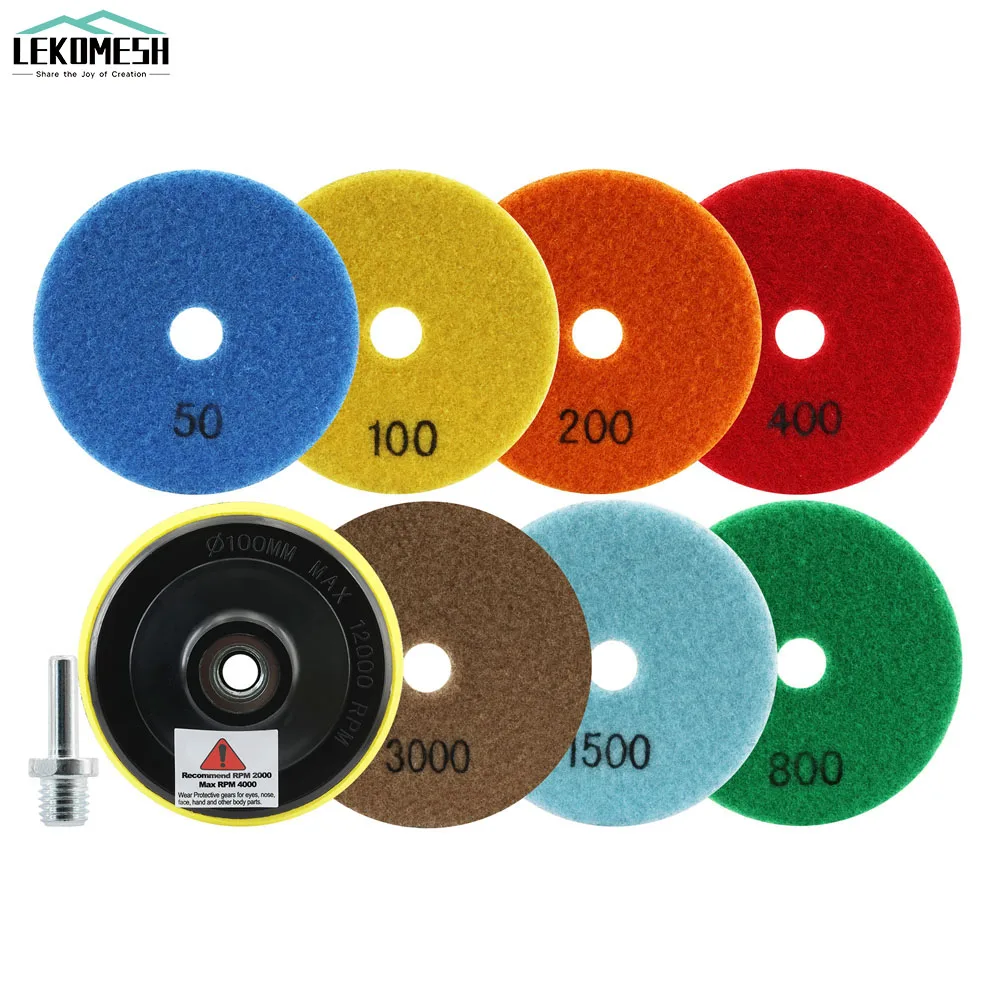 

LEKOMESH 7pcs 100mm/4'' Grit50-3000 Diamond Dry Polishing Pads + M14 Rubber Backer+M14 Adapter Granite Marble Stone Sanding Disc