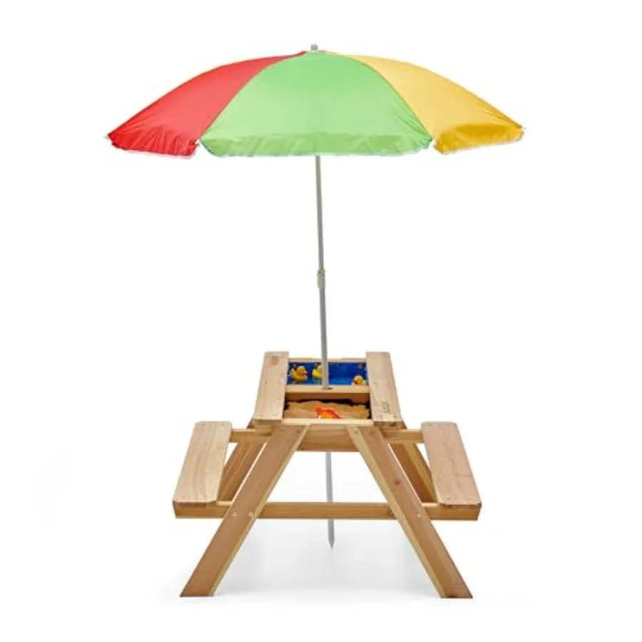 Surfside Wooden Sand and Water Table with Umbrella - Outdoor Picnic Table with Adjustable Parasol and Removable Tabletop, Toddl