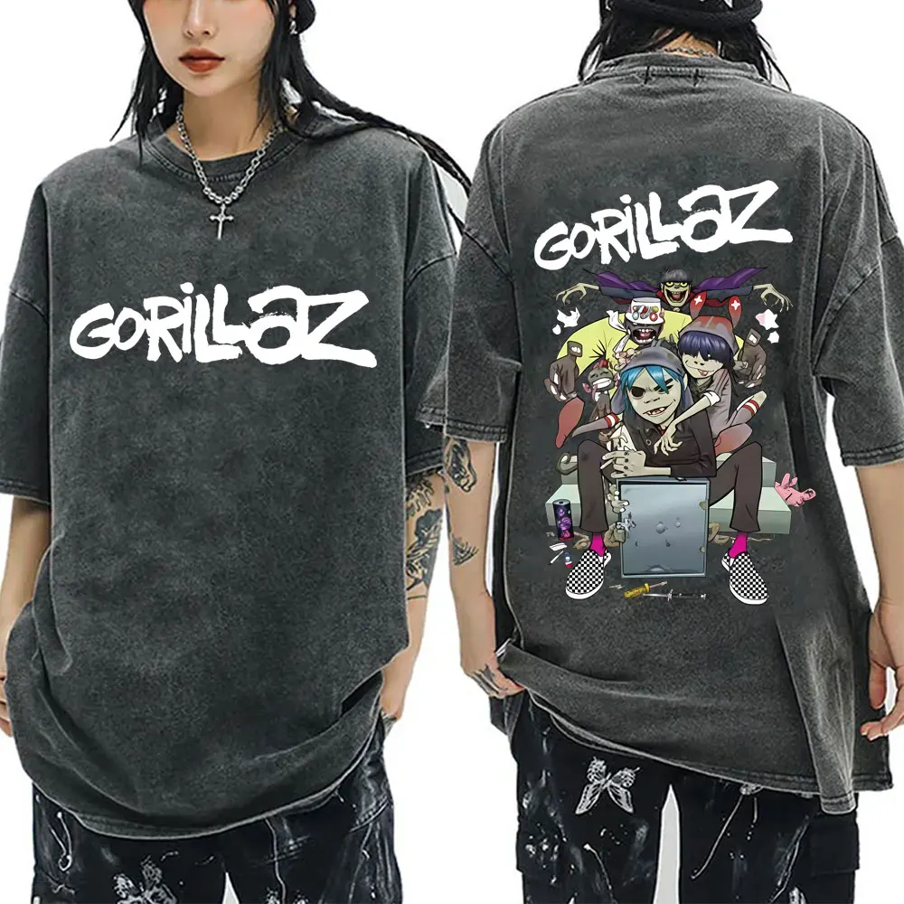 

Limited Rock Band Gorillaz Washed Vintage T-shirt Men Women Hip Hop Punk Oversized T Shirt Men's Fashion Retro Gothic Streetwear