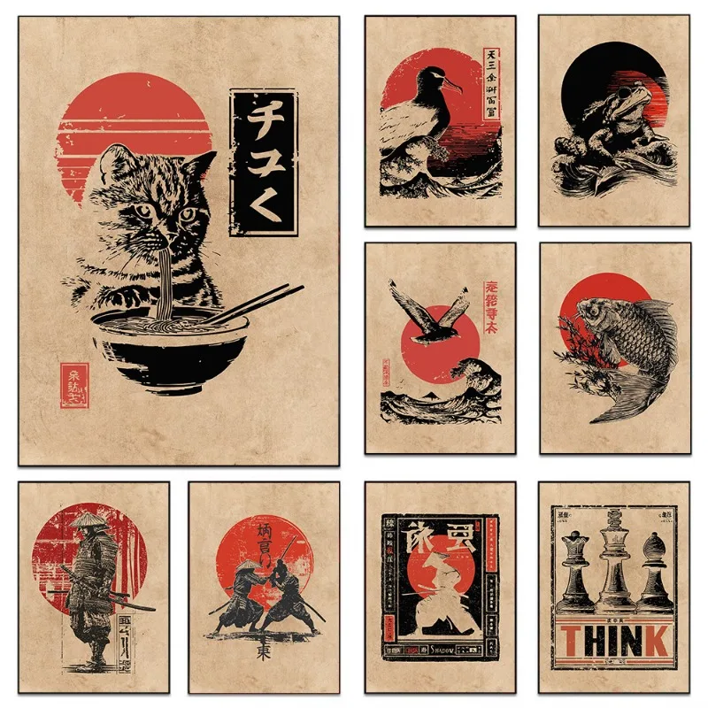 Vintage Japanischer Koi-Fisch Frosch Katze beim Ramen-Genießen Samurai-Duell Poster Leinwanddruck Wandkunst Bilder Heim-Dekoration Geschenk