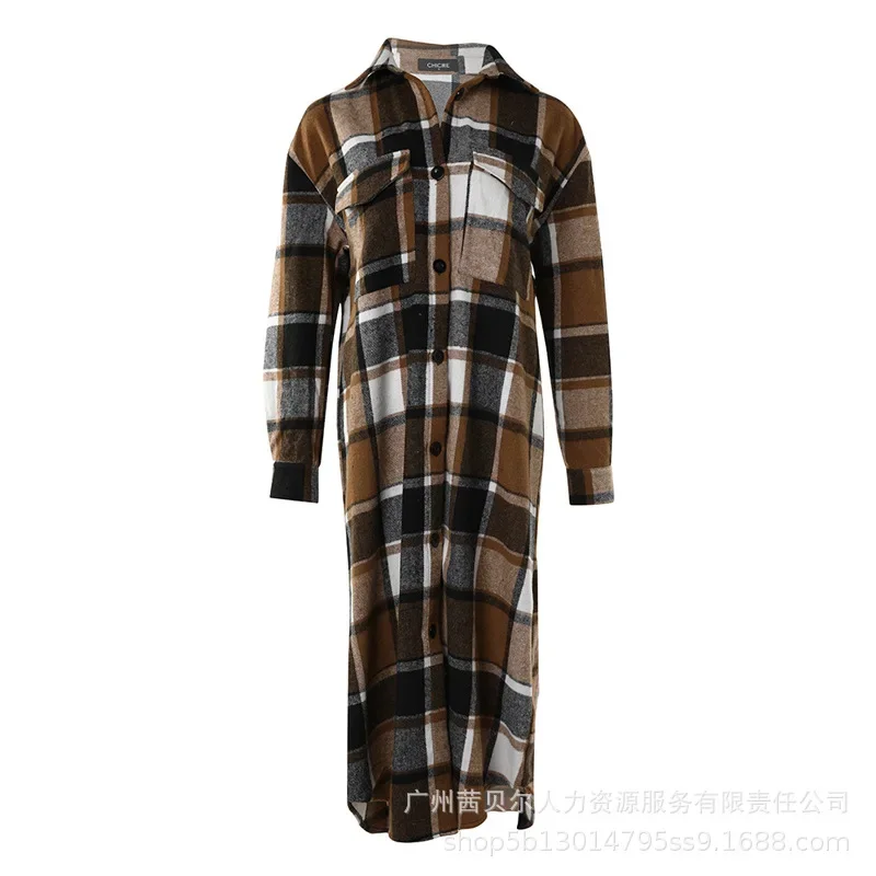 Women\'s Clothing  Flannel Long Shirt Coat Plaid Autumn Winter Loose Single Breasted Coat Trench