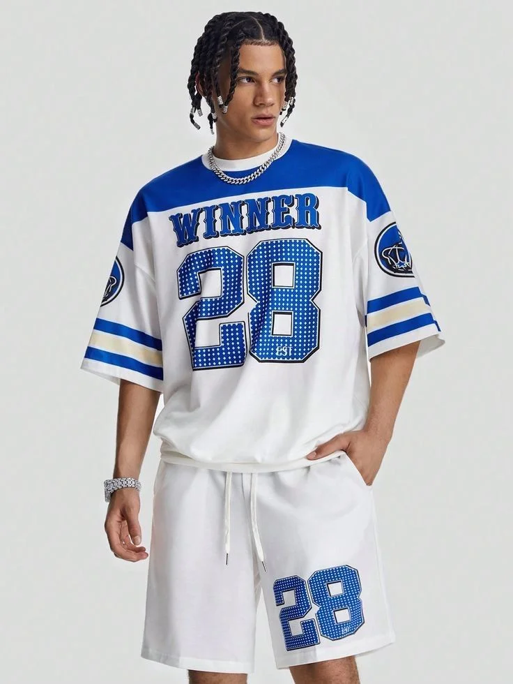 

2025Jersey letter-printed short-sleeved suit for men's clothing, fashionable for sports training, plus-size round-neck puller