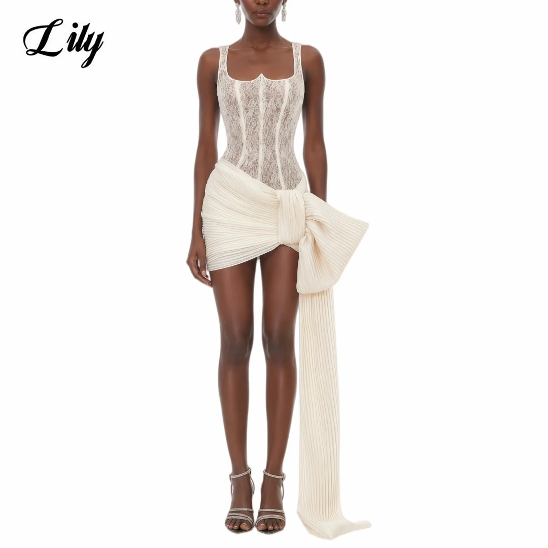 

Lily Ivory Evening Gown Square Neck Sheer Lace Corset Bodice Prom Dress with Pleated Mini Skirt for Cocktail Party Customized