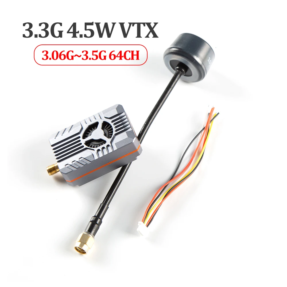 3.3G VTX 4.5W High Power VTX 64CH Video Transmitter with CNC Shell 3060~3500MHz for RC FPV Long Range Fixed-wing Drones Model