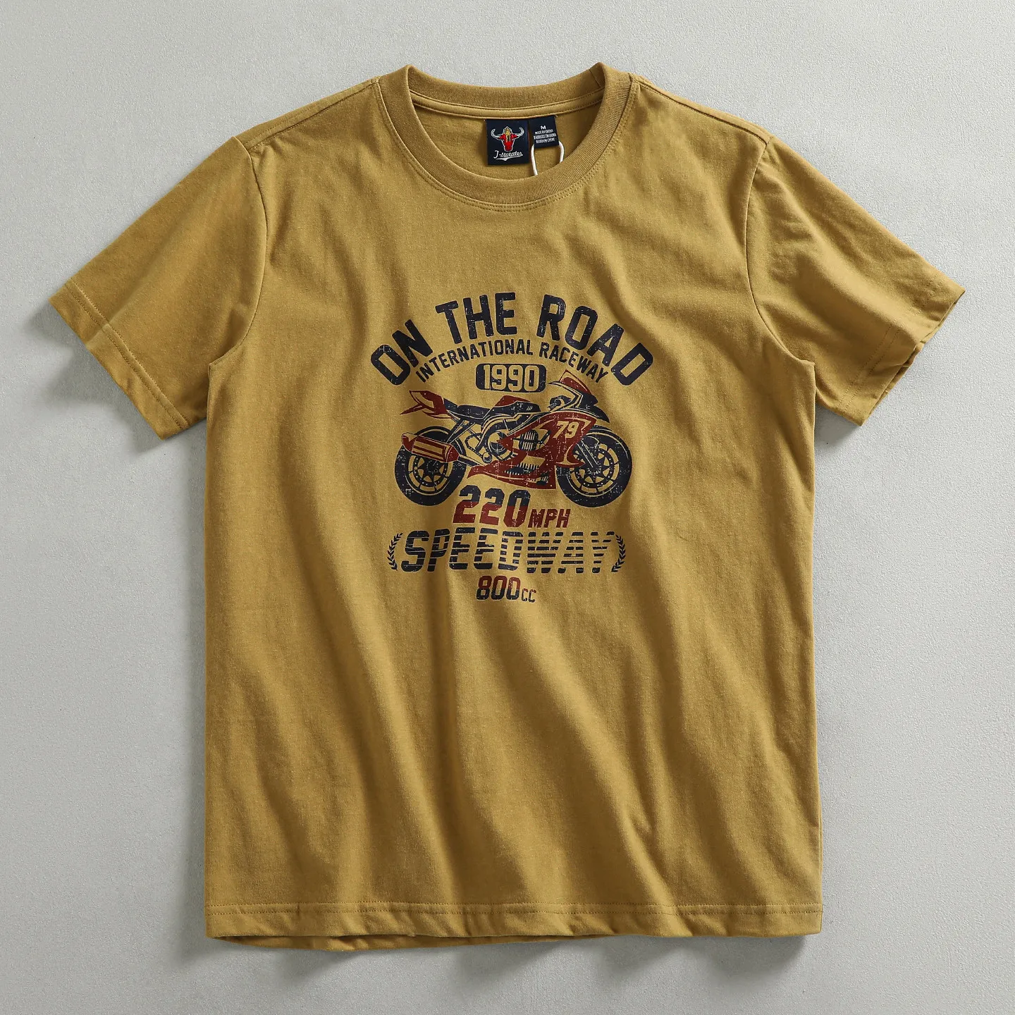 Retro motorcycle element pattern brushed cotton short-sleeved T-shirt men's round neck versatile half-sleeved shirt