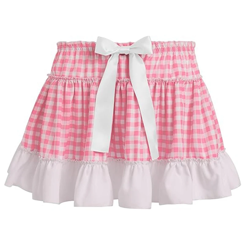 Cute Plaid Patchwork Ruffled A-Line Skirt Women Summer Mini Skirts Beach Vacation Y2K Aesthetic Kawaii Retro Short Skirt