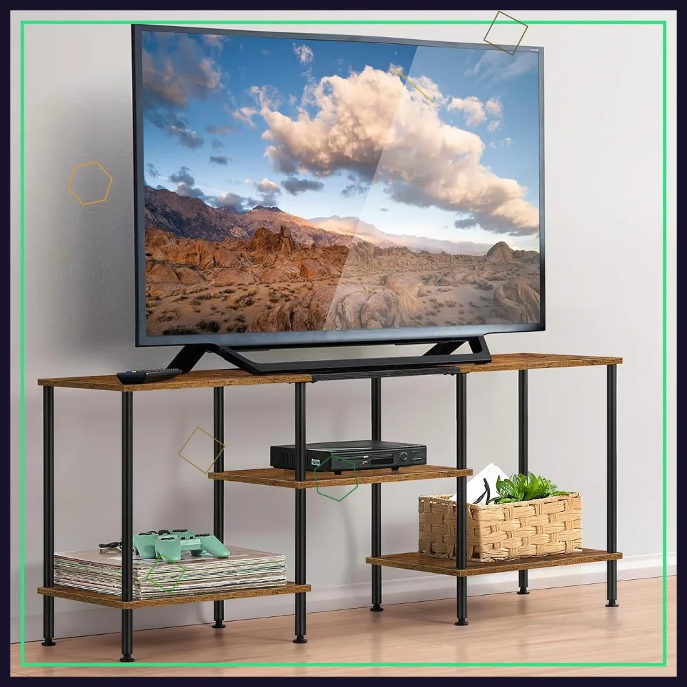 

Rustic Brown TV Stand for 50-Inch TVs with Open Storage Shelves and Metal Tubes, Ideal for Living Room or Bedroom