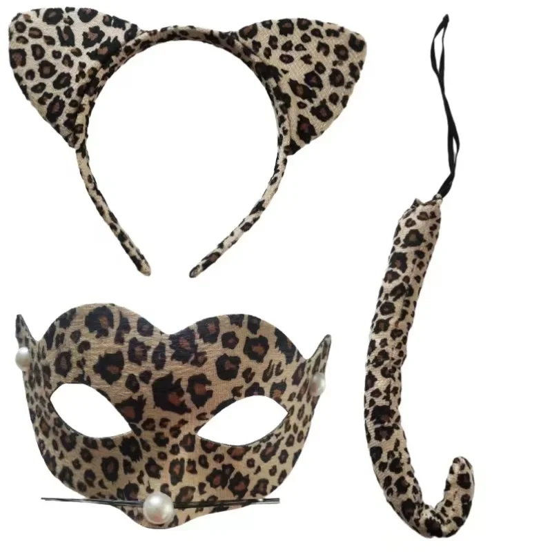 Halloween Sexy Leopard Ear Cheetah Headband Costume Set Makeup Party Ball Tail Masks Stickers Role Playing Accessories