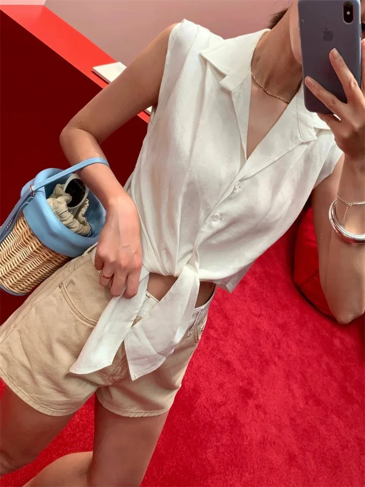 East Gate No-Sve Belted Casual irt Women Summer ort Crop Top Loose Knot Collar Blouse Thin Non-Stretch Cotton Blend