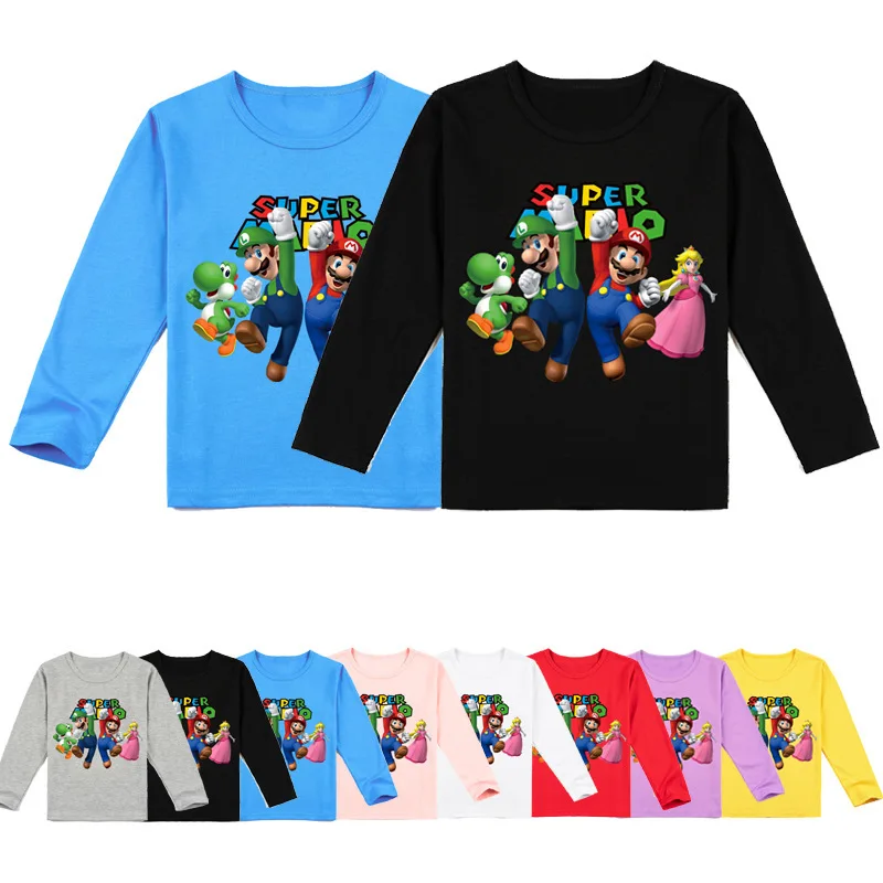 

New Mario Game Anime Peripheral Children's Clothing Autumn Popular Cartoon Print Casual Sports Long-sleeved T-shirt Top