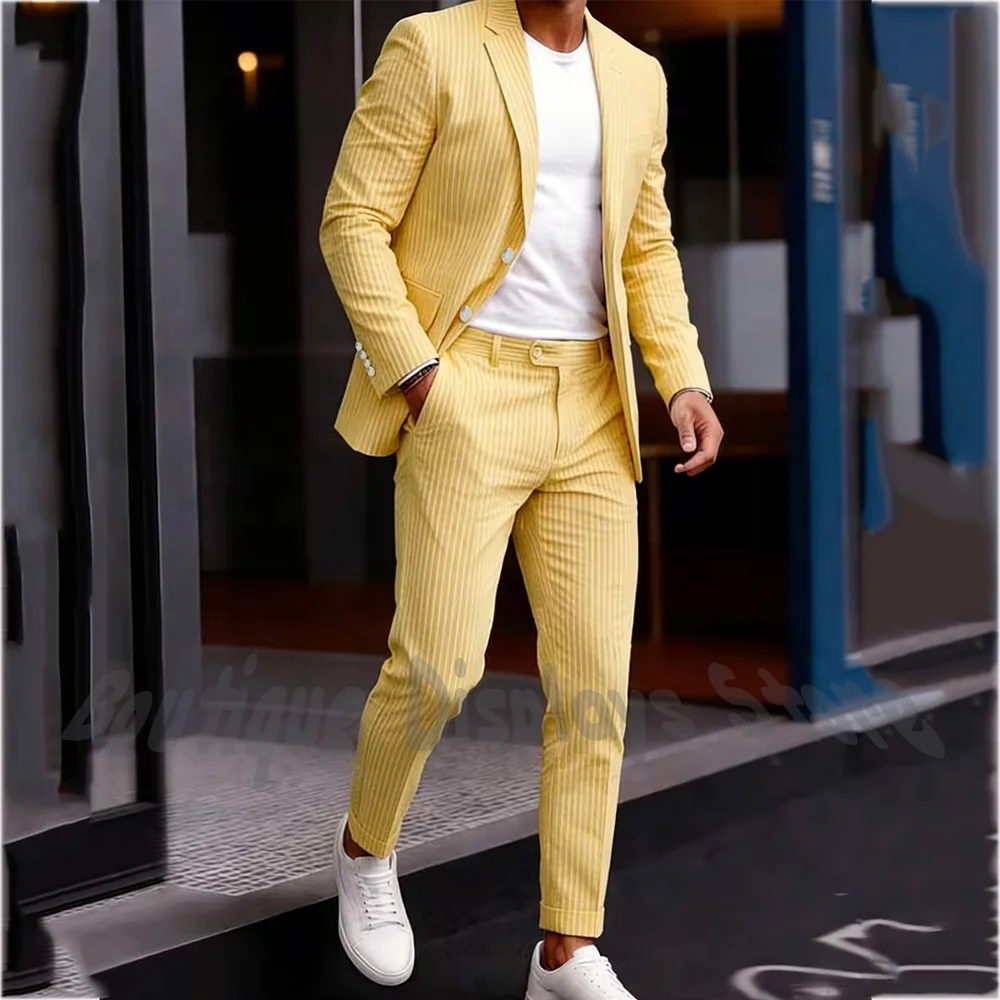 

Fashion Men's Suit Pink Striped Seersucker Single Breasted Notch Lapel Blazer Set Two Piece Summer Smart Casual Office Outfit