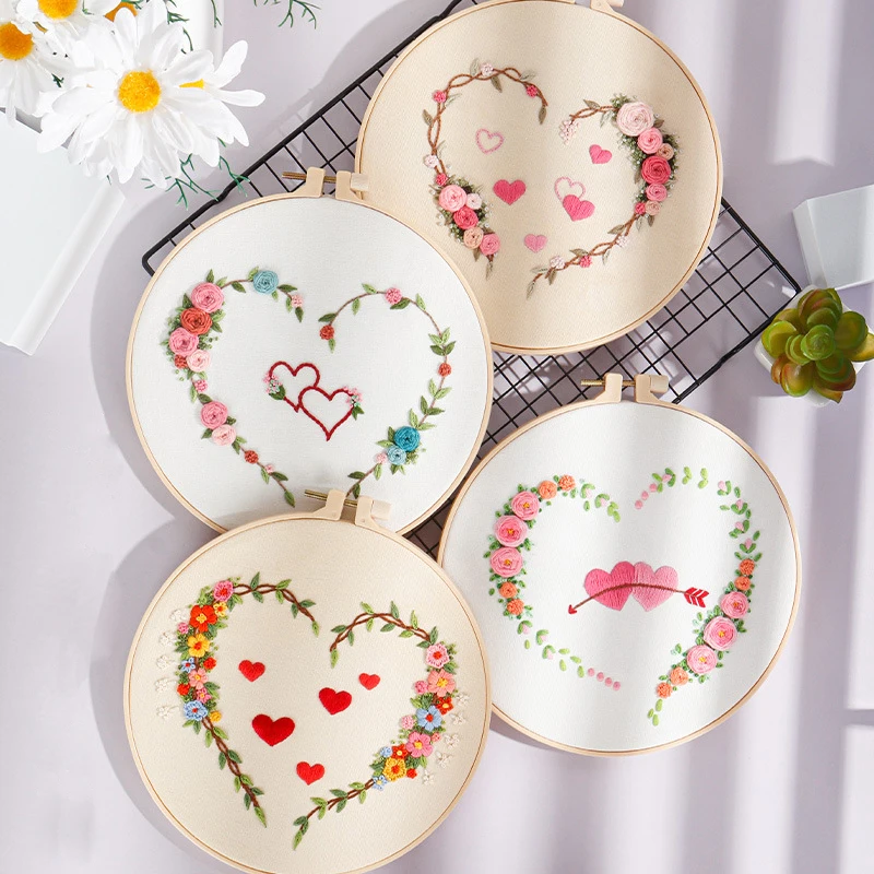 Embroidery Kit Heart Pattern Embroidery Starter Kits for Adults Beginners Valentine's Day Decor Include Fabric Threads Needles