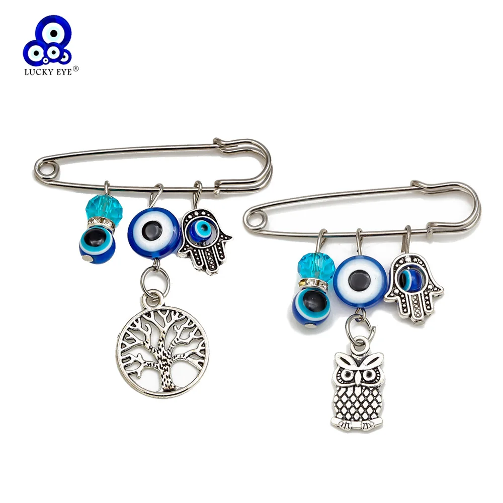 Ojo de la suerte aleación Árbol de la vida búho encanto broche Pin mano de Fátima azul turco mal de ojo cuentas broche para mujeres hombres broche