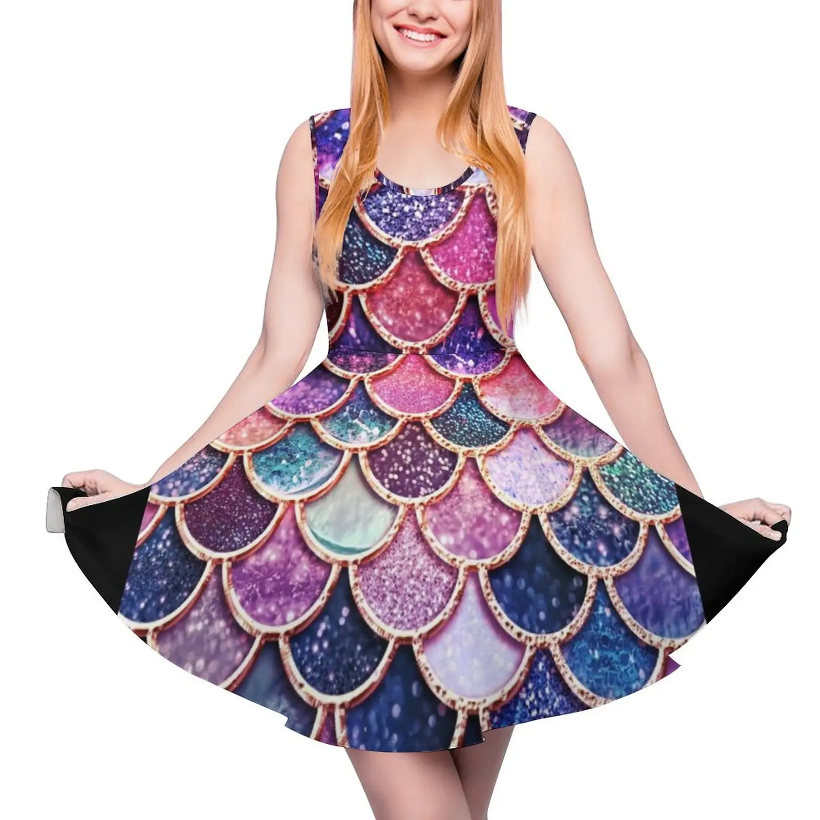 

Pink Sparkle Faux Glitter Mermaid Scales Sleeveless Dress Summer skirt women dress Casual dresses