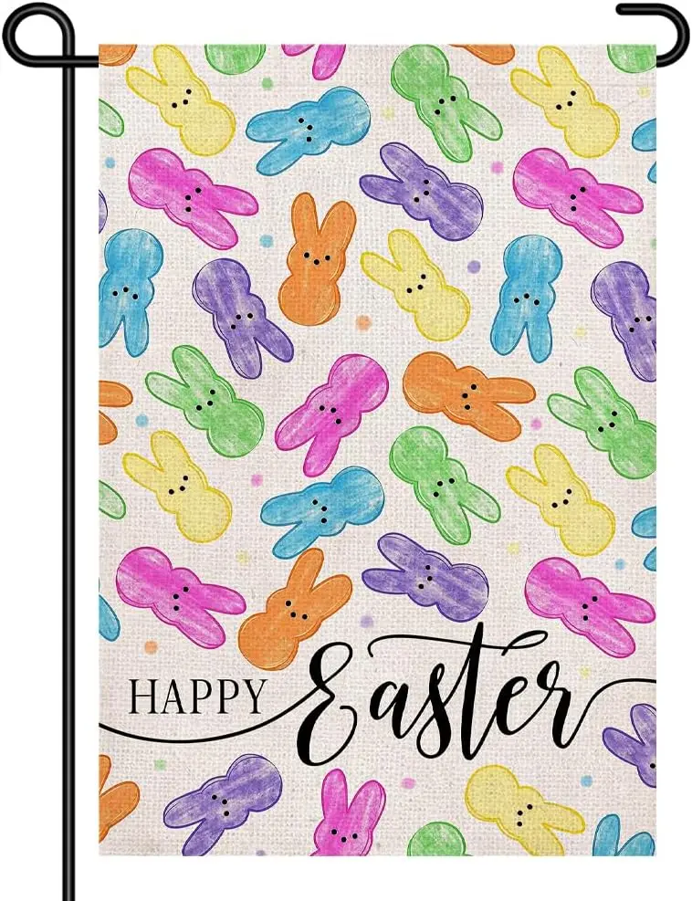Happy Easter Garden Flag 12x18 Inch Double Sided Small Yard Sign with Colorful Peeps Bunny Pattern, Cute Spring Outdoor Deco ZZM