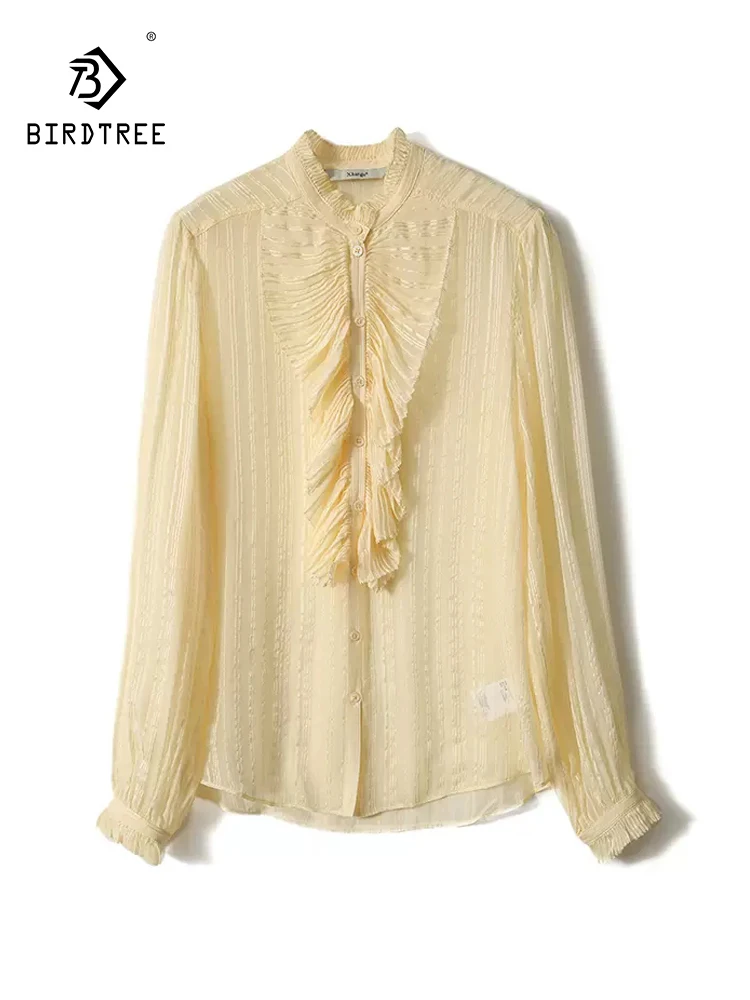 

BirdTree, 43%Mulberry Silk Elegant Shirt, Women Lantern Sleeve Ruffled Edge,French Versatile Blouse, 2024 Spring Summer T44315QC