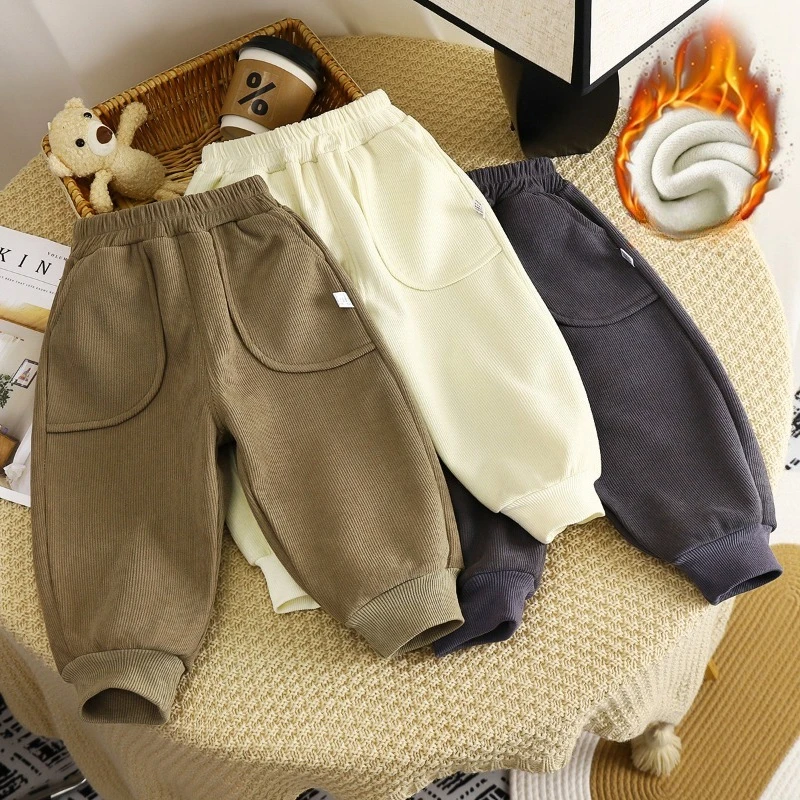 Kinder Samt Hosen Herbst Winter Neue Einfarbig Jungen Kinder Dicke Warme Sport Hosen Einfache Mode Koreanische Mädchen Baby Hosen