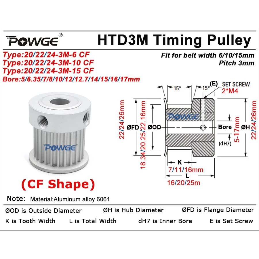 POWGE 20 22 24 teeth HTD 3M Timing Pulley Bore 4/5/6/6.35/7/8/10/12/14/15/16/17mm for HTD3M belt width 6/10/15mm 20T 22T 24T