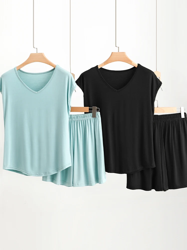 

Modal Svel V-Ne Spwear Set Women Summer Thin Pure Color Casual Loose Home Clothes Comfortable Breathable Nightgown