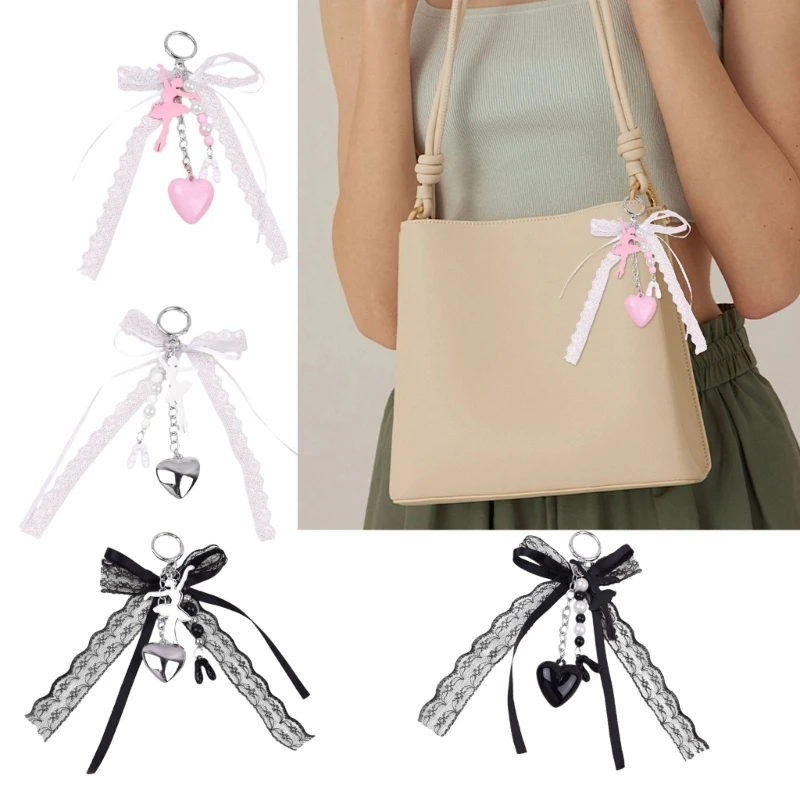 

H3CB Heart Keychain Ballet Girl Keyrings Lovely Lace Bows Keyholders Car Key Rings Creative Bag Charm for Bag Decoration