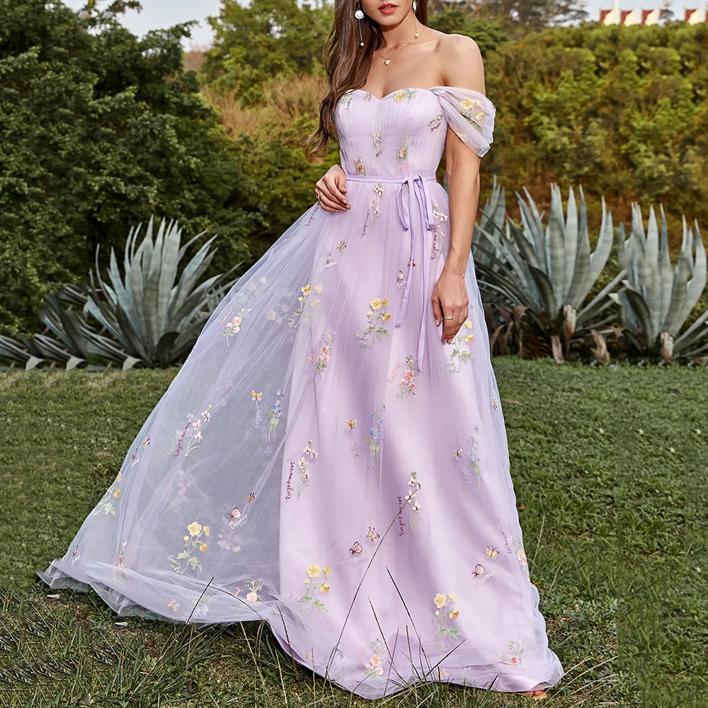 Vestidos de noite sem costas lavanda com apliques de renda, vestido de baile sem ombro, Sweetheart A-Line, vestido de festa longo e elegante