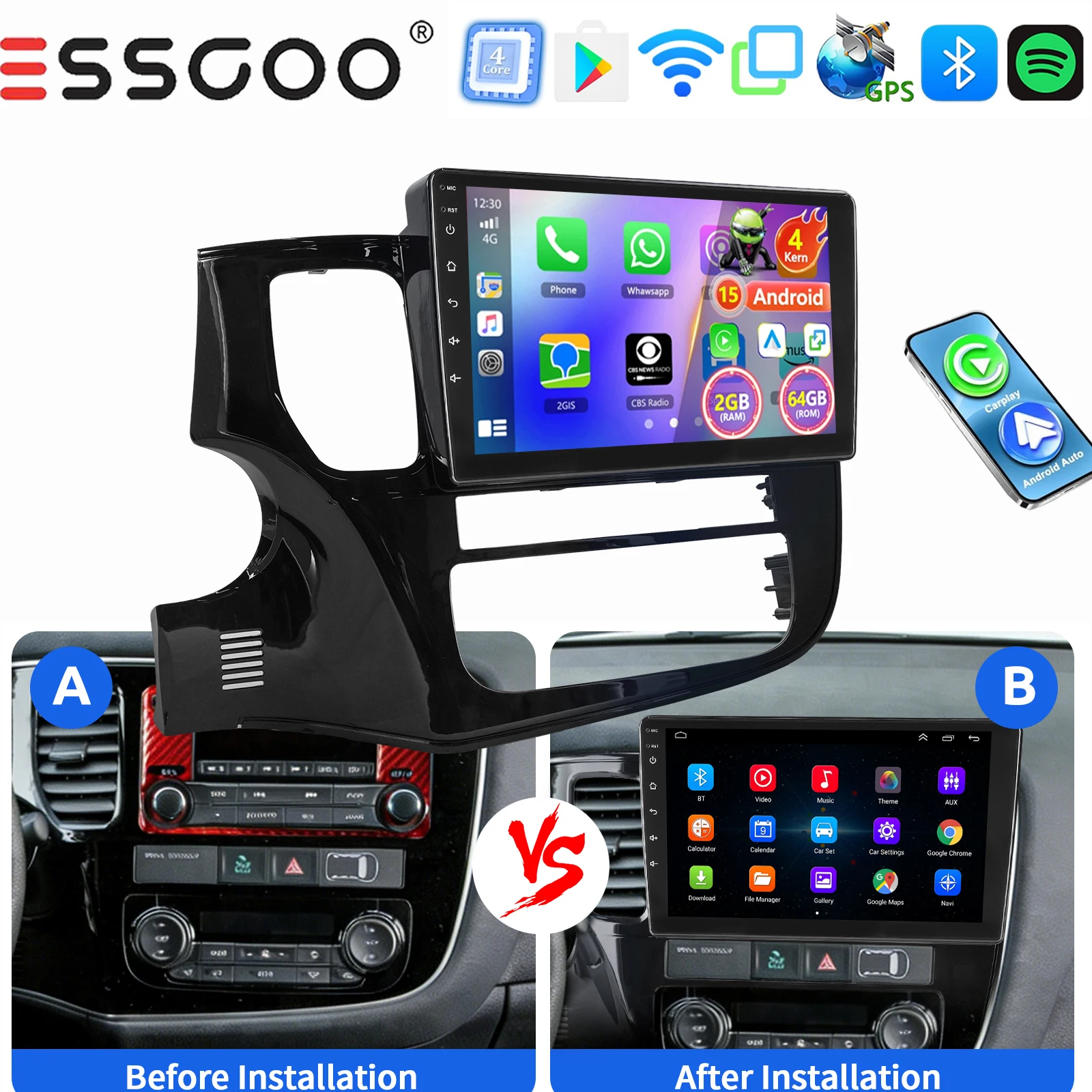 ESSGOO Draadloze Carplay Android auto 10 Inch IPS Aanraakscherm Voor Mitsubishi Outlander 2012-2018 Autoradio Android 15 GPS-navigatie WIFI Stuurwielbediening RDS Bluetooth FM Spiegellink ASP-geluid