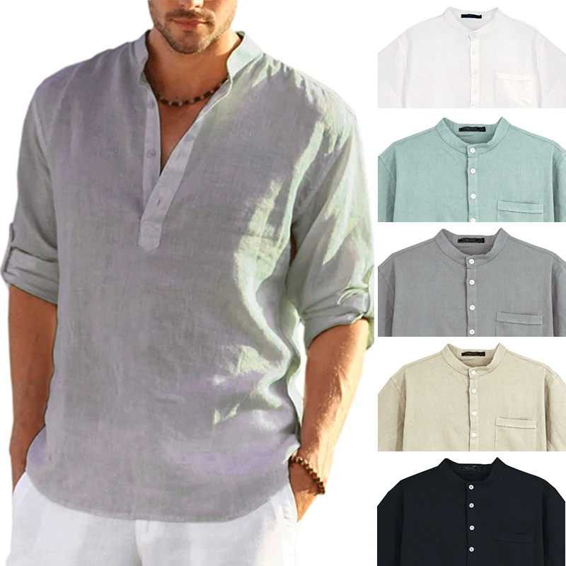 Polo décontracté en coton et lin pour hommes, haut à manches longues, chemise sociale formelle, chemise cool Harajuku, vêtements d\'automne et d\'été